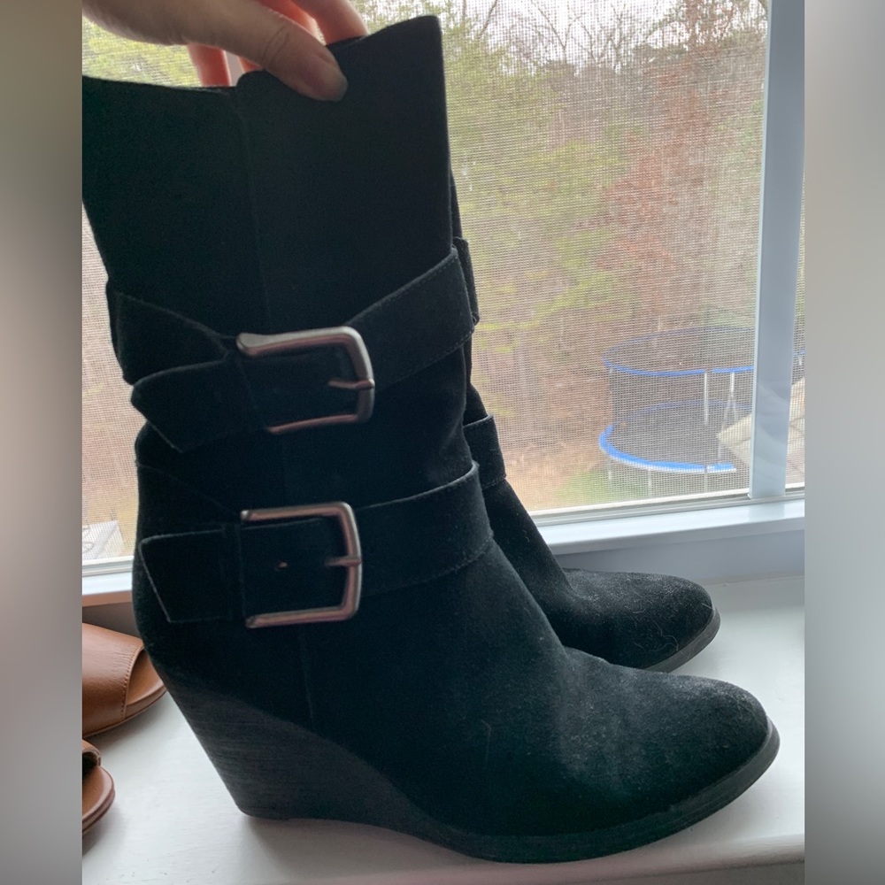 Very Volatile Black Suede mid calf wedge boots with buckles